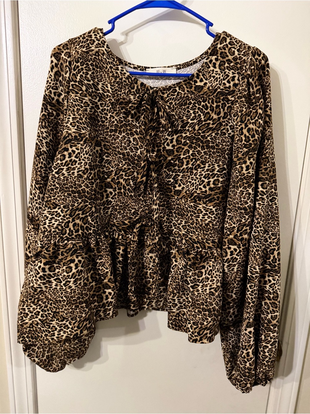 Leopard Print Peplum Blouse with Tie-Front - Brown